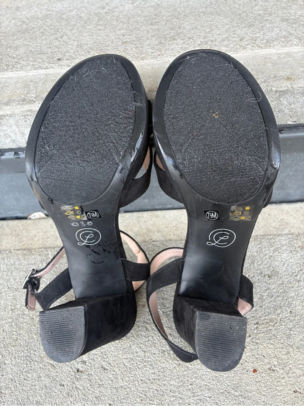Chinese Laundry Always sandals, black suede platform 4” block heels